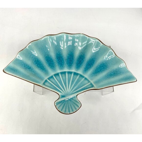 Pier 1 Ceramic Fan-Shaped Trinket Dish In Crackled Turquoise Glaze 8" - Picture 1 of 8